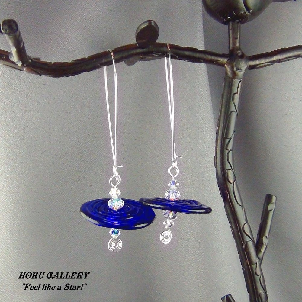 NWOT Earrings Blue Glass Disks Austrian Crystals SS Ear wires, Handmade 3" long